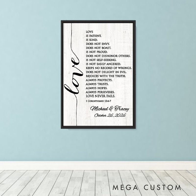 Personalized Corinthians Bible Verse Frameless Poster with Custom Couple Names Wedding Wall Decor Religious Gift for Couple