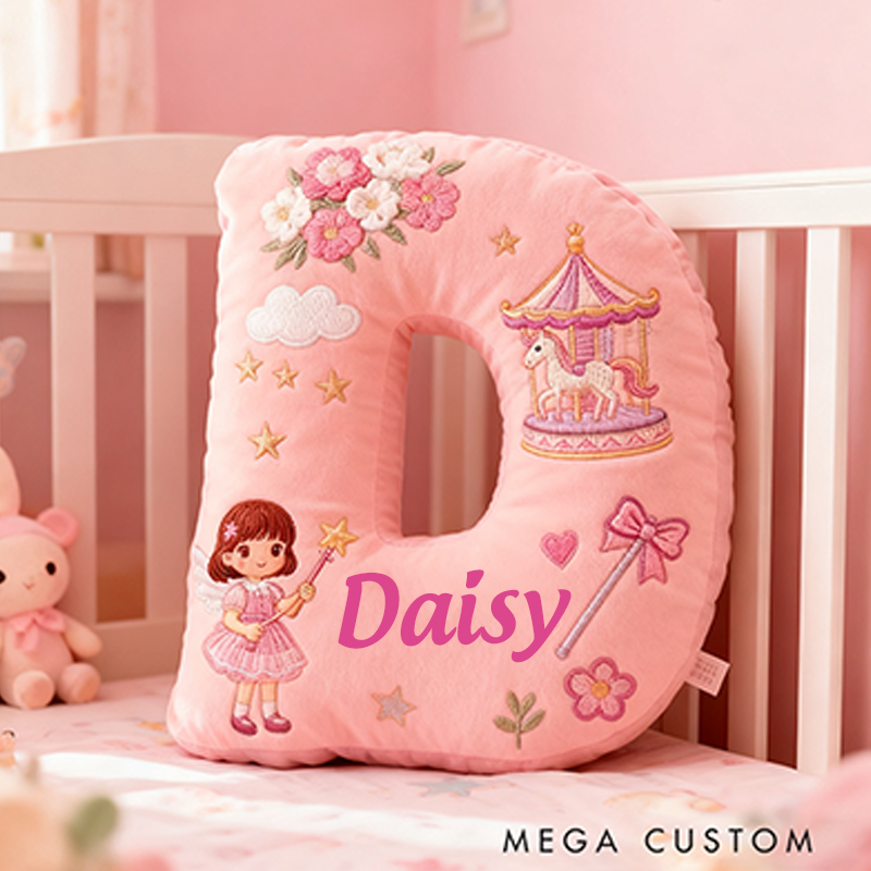 Personalized Pink Letter Christmas Gift Pillow Pink Fairy Tale Design Carousel Magic Wand Flowers and Whimsical Embroidery Graphic 3D Print Pillow