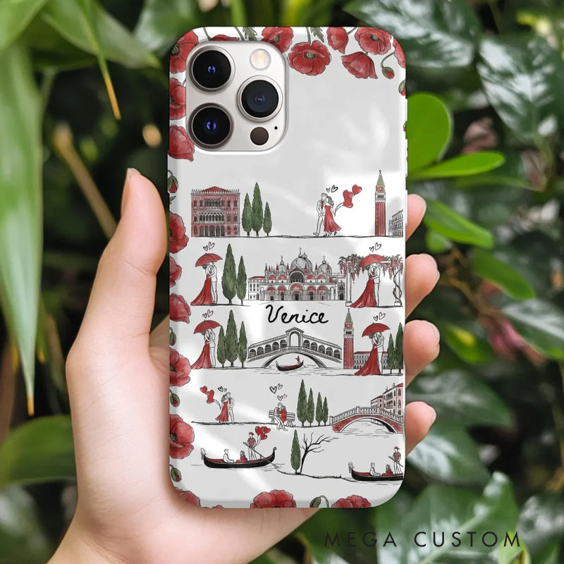 Personalized Romantic Venice Line Art Phone Case with Custom Name for Traveling Lovers 