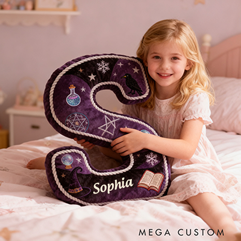 Personalized Witchy Letter Pillow Purple and Black Design and Mystical Embroidery Graphic 3D Print Pillow for Kids
