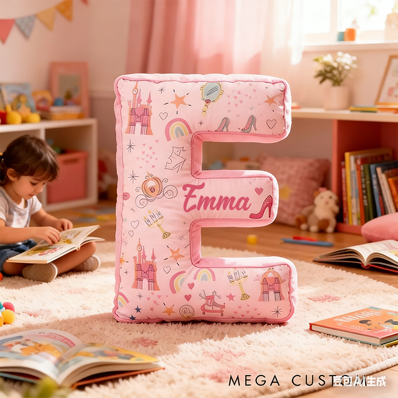 Personalized 26 Letters Christmas Gift Pink Pillow with Castles Rainbows Stars and Whimsical Fairy Tale Design Graphic 3D Print Pillow for Kids