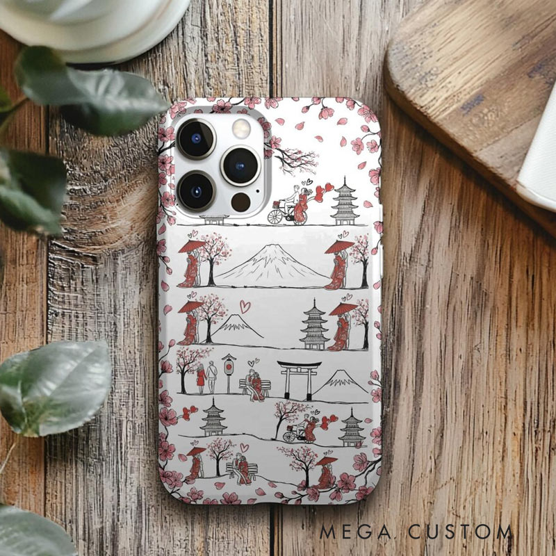 Personalized Romantic Sakura Japan Line Art Phone Case with Custom Name for Traveling Lovers 