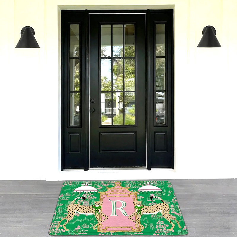 Personalized Leopard Pagoda Chinoiserie Non-Slip Door Mat with Initial Entryway Home Decor Housewarming Gift for Family