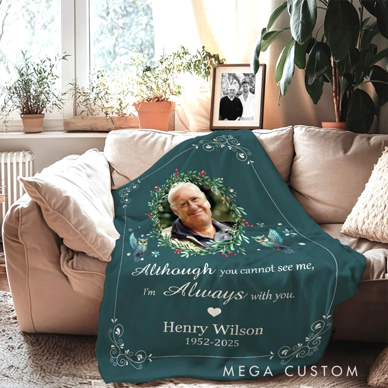 Personalized I'm Always with You Wreath Cardinal Soft Throw Blanket with Photo Name and Date Home Decor Memorial Gift for Family Friends