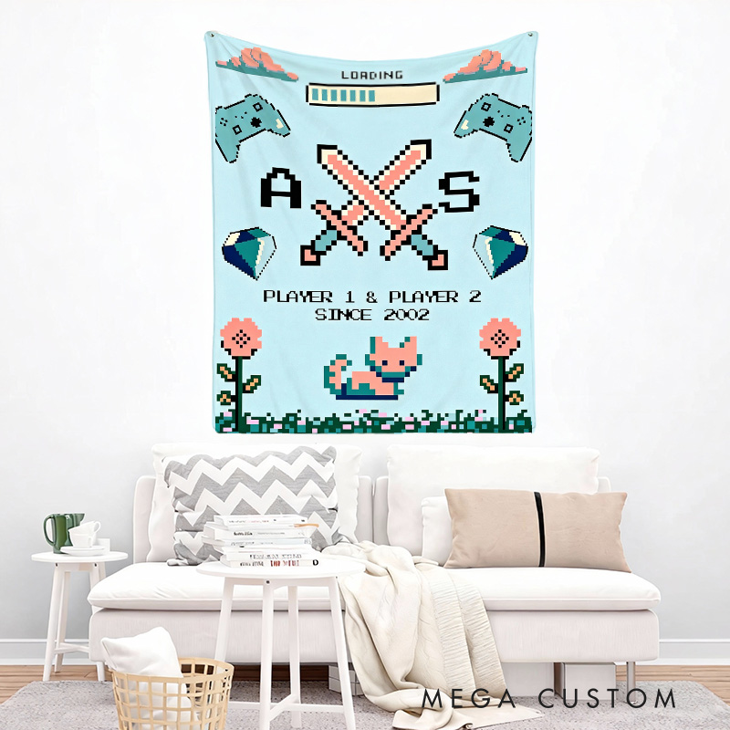 Personalized Loading Couple Tapestry Pixel Art Retro Video Game Tapestry Gift for Nerdy Wedding  Gaming Room Decor for Couples