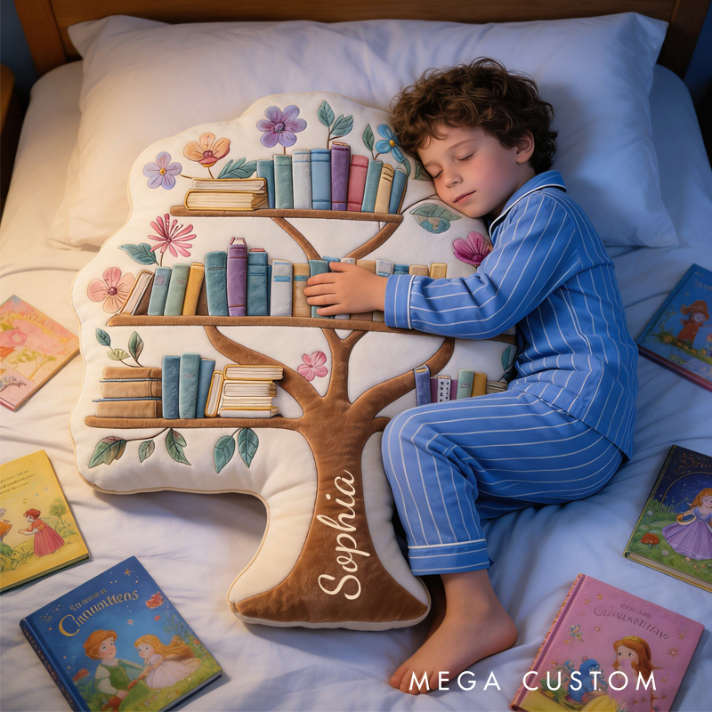 Personalized Tree Bookshelf Throw Pillow Graphic 3D Print Floral Bookshelf Pillow with Name for Book Lover Bookish Bookworm Reader Christmas Gift