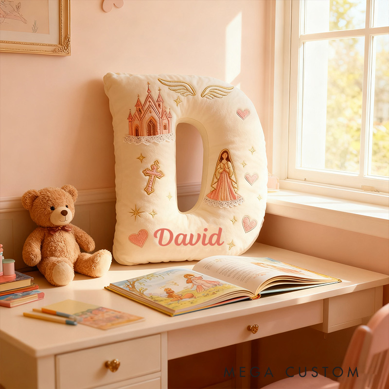 Personalized Virgin Mary Letter Pillow with Custom Name Kid Room Decor Church Cross Angel Wing Religious Faith Gift for Her Graphic 3D Print Pillow