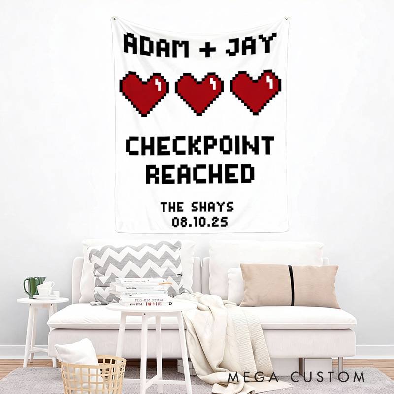 Personalized Checkpoint Couple Tapestry Pixel Art Retro Video Game Tapestry Gift for Nerdy Wedding  Gaming Room Decor for Couples