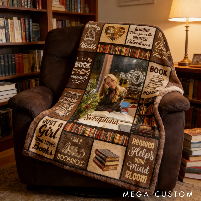 Personalized Just a Girl Who Loves Books Throw Blanket Custom Photo and Name Blanket for Book Lovers Reader Bookish Bookworm Librarian Gift