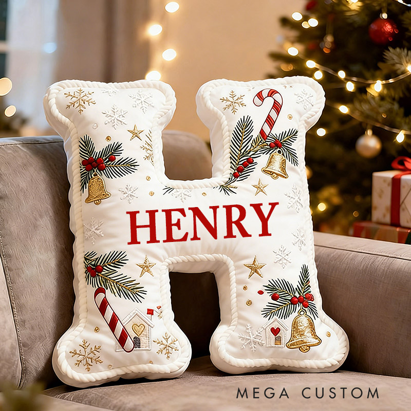 Personalized Christmas Initial Pillow Graphic 3D Print Custom Name Pillow Festive Holiday Decor Cozy Home Accent Soft Cushion Gift for Family and Kids 