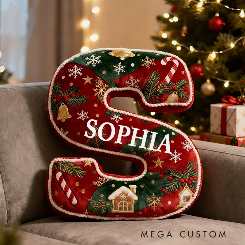 Personalized Christmas Initial Pillow Graphic 3D Print Custom Name Pillow Festive Holiday Decor Cozy Home Accent Soft Cushion Gift for Kids Family