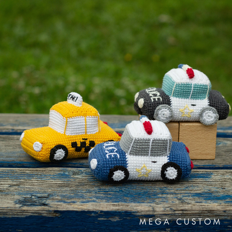 Handmade Crochet Vehicle Toys Fire Truck Ambulance Police Car and Taxi Pattern Kit or Finished Toy