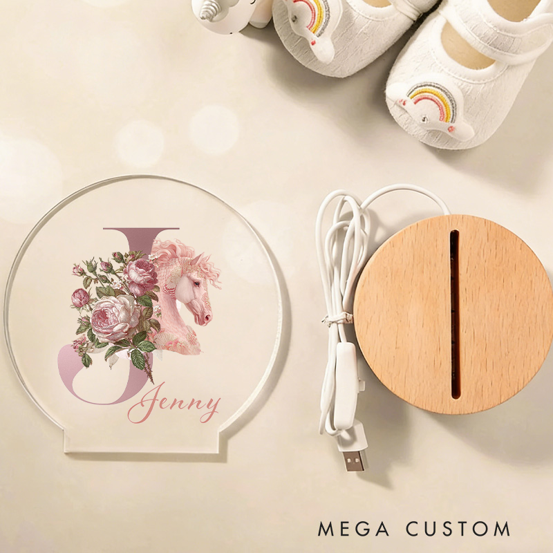 Personalized Fantasy Horse Riding Initial Name LED Night Light with Wooden Base Room Decor Baby Shower Birthday Gift for Kid New Mom Riding Lovers Equestrian Lovers