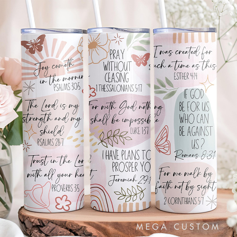 Personalized Bible Verse 20oz Skinny Tumbler with Lid and Straw Custom Name Tumbler with Scripture Faith Based Cup for Christian Religious Gift
