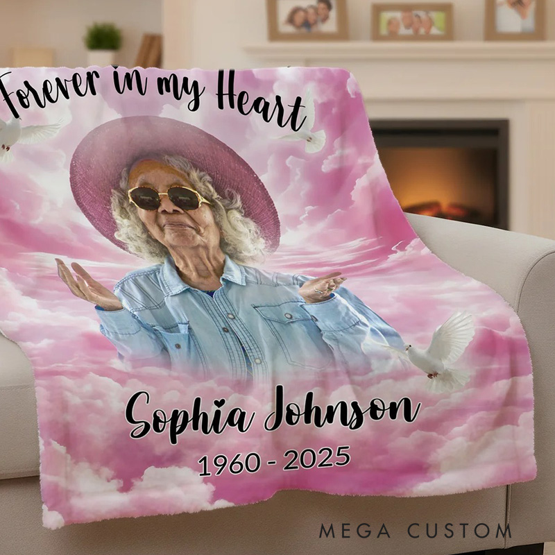 Personalized White Dove Heaven Photo Soft Throw Blanket with Name and Year Memorial Sympathy Gift for Loss Family 