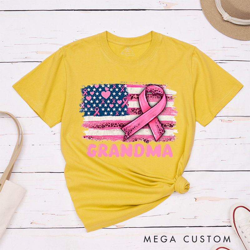 Personalized Pink Ribbon American Flag Breast Cancer T-Shirt Cancer Survivor Gift