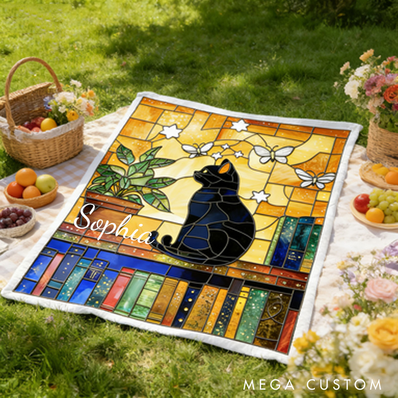 Personalized Stained-Glass Style Books Throw Blanket Custom Book and Cat Blanket for Book Lovers Reader Bookish Bookworm Librarian Gift