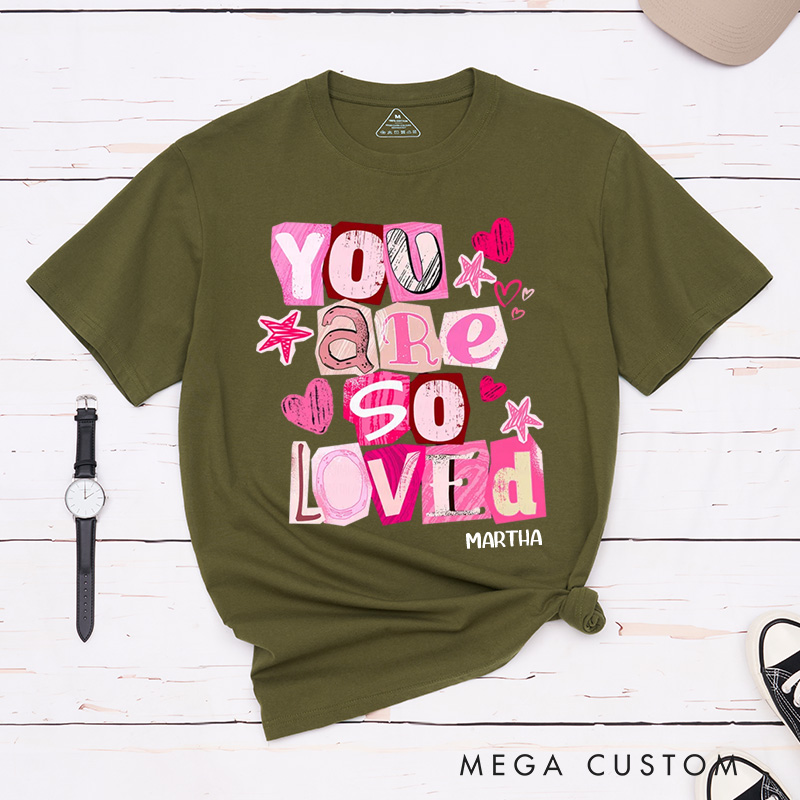 Personalized You Are So Loved Christian Valentines Classic T-Shirt with Custom Name John 3:16 Shirt Ransom Cutout Letters Jesus Valentine's Day Tee