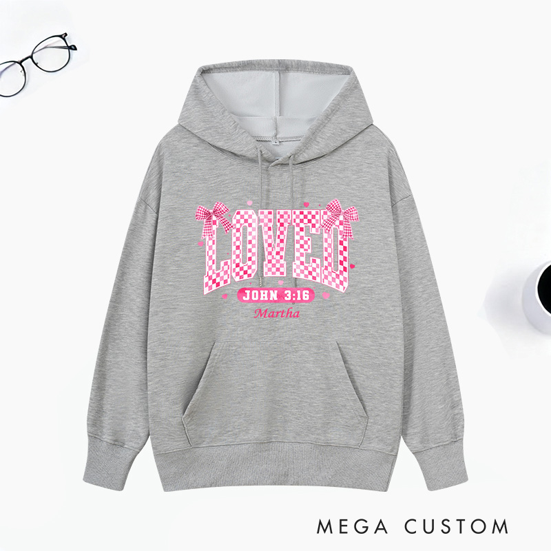 Personalized Checkered Loved John 3:16 Bible Verse Classic Hoodies with Name Retro Hoodies Religious Gift Valentines Day Gift for Couple