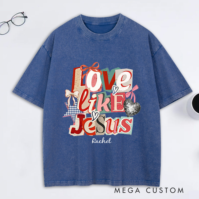 Personalized Love Like Jesus Vintage Washed T-Shirt with Custom Name Preppy Valentine’s Day Checkered Tee Coquette Jesus Shirt Valentine’s Day Gift