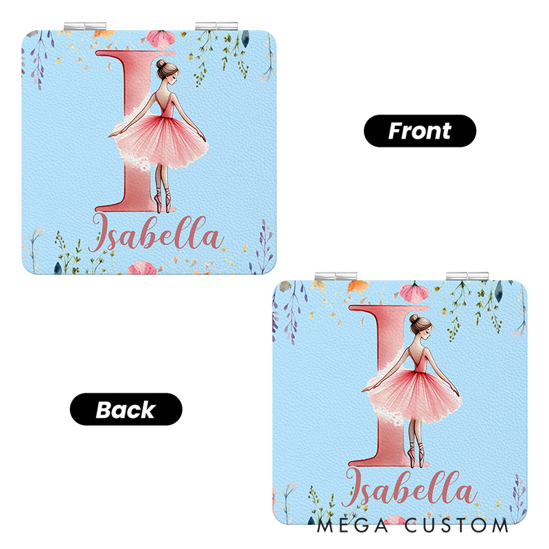 Personalized Ballerina Alphabet Floral PU Leather Makeup Mirror Dance Team Gift Dancer Gift Travel Hair Case for Dancer Dance Lover Kids