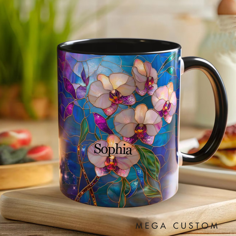 Personalized Stained Glass Print Orchid Mug Floral Art Mug Custom Name for Gardening Lovers