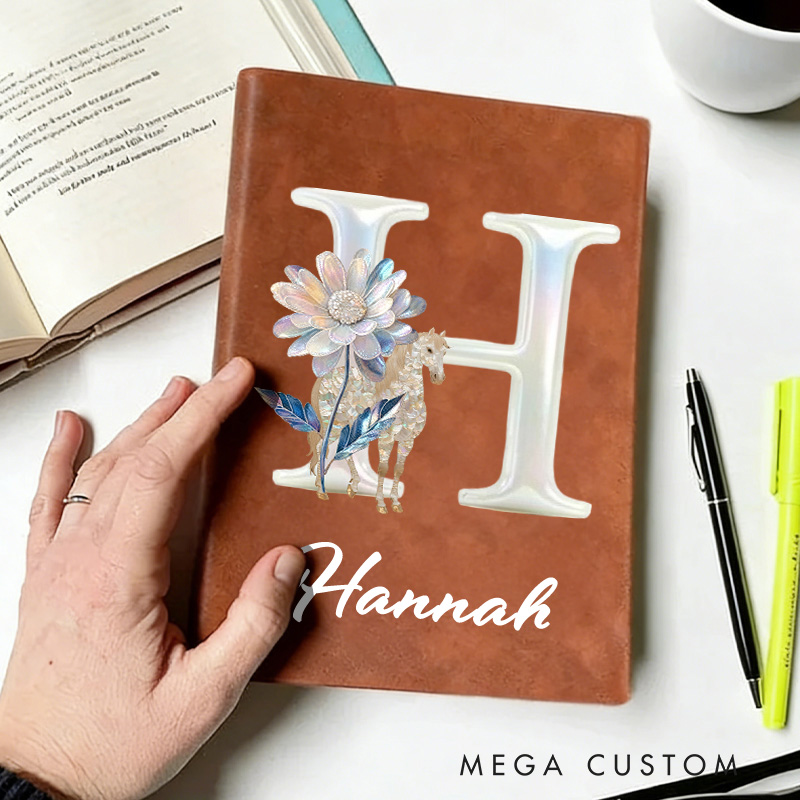 Personalized Horse Riding Birth Flower Initial A5 A6 PU Leather Notebook with Name Birthday Gift for Horse Lovers Riding Lovers Equestrian Lovers