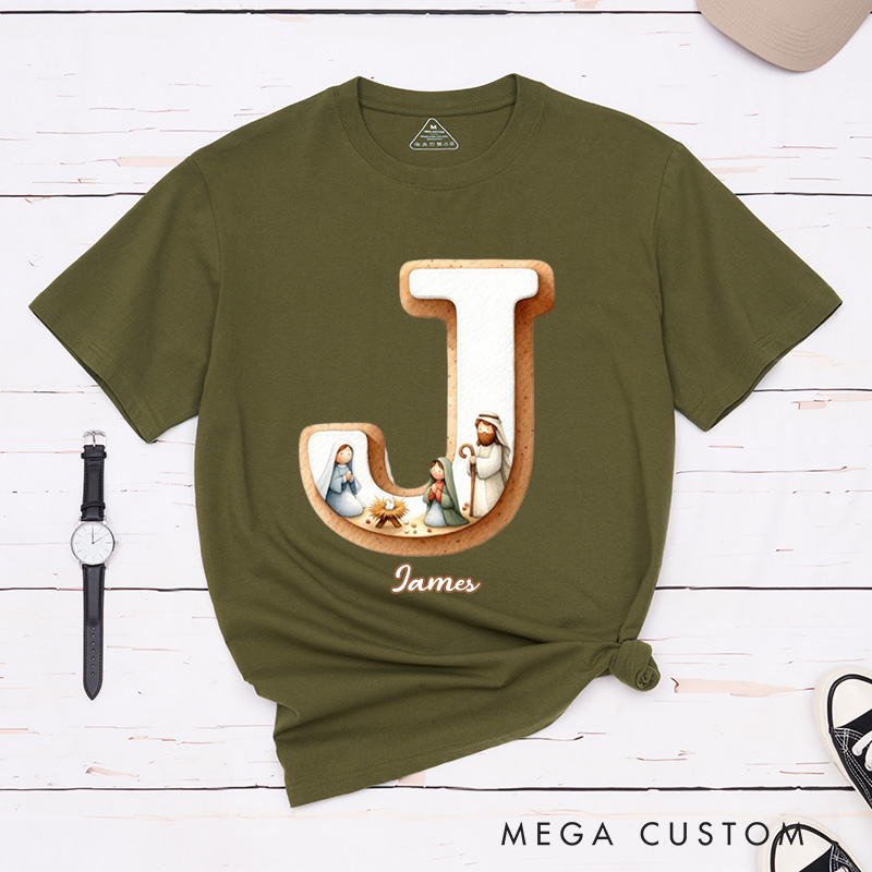 Personalized Nativity Scene Classic T-Shirt with Initial and Name Christian Shirt Religious Gift Faith Gift for Christians