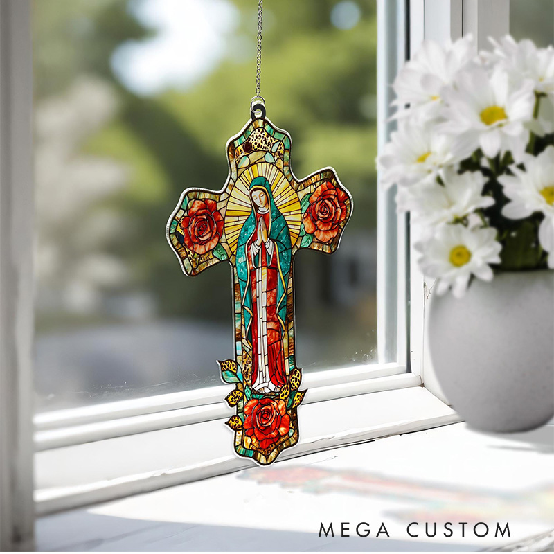 Personalized Lady of Guadalupe Cross Suncatcher with Custom Name Religious Virgin Mary Window Decor Mother of God Catholic Gift for Her