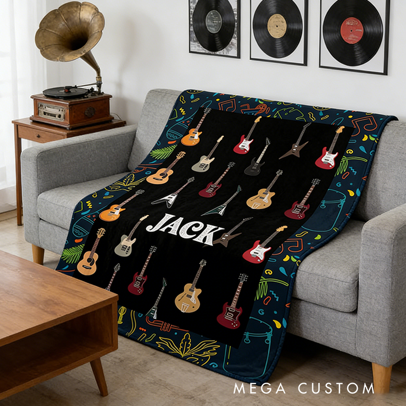 Personalized Guitar Name Blanket Fleece Sherpa Blanket with Name Electric Guitar Blanket Room Decor Cool Custom Blanket Music Lovers