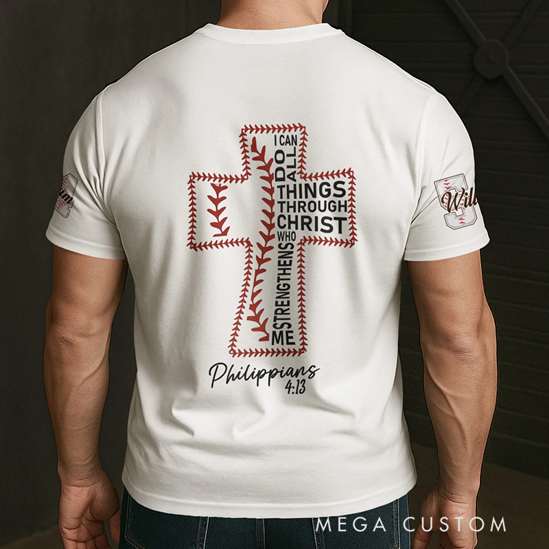 Personalized Baseball and Faith T-Shirt with Philippians 4:13 and Custom Name Christian Sports Gift Religious Gift for Baseball Lover