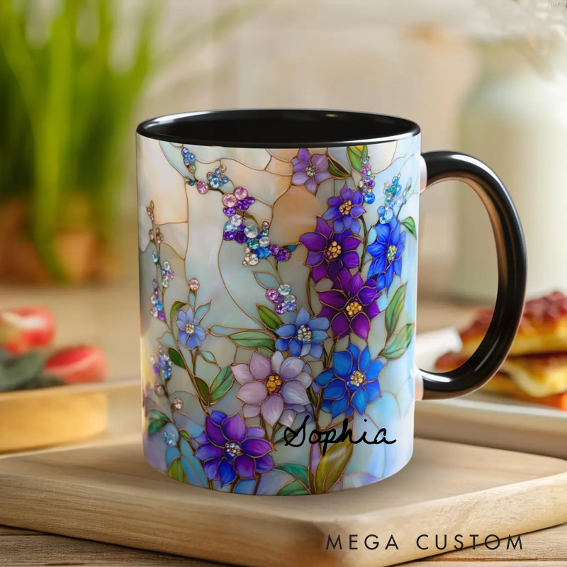 Personalized Stained Glass Blue Larkspur Mug Floral Art Mug Custom Name for Gardening Lovers