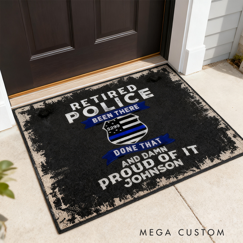 Personalized Retired Police Door Mat Custom Name Front Entrance Rug Gift for Police Officers and Law Enforcement Veterans
