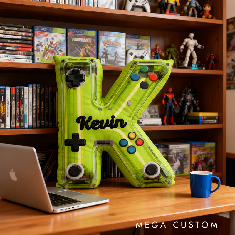 Personalized Graphic 3D Print Neon Controller Alphabet Shaped Pillow for Game Lovers Initial Pillow Christmas Gift for Kids