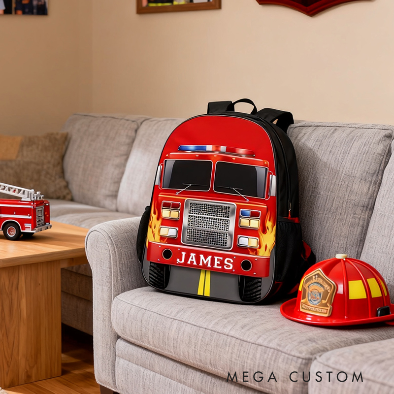 Personalized Fire Truck Backpack Custom Name School Bag Gift for Firefighter Lovers
