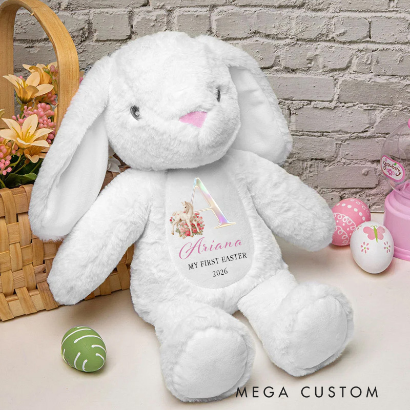 Personalized Cute Horse Flowers Rabbit Initial Soft Bunny Plush Stuffed Animal Toy with Name and Year First Easter Birthday Gift for Kids for Riding Lovers Equestrian Lovers