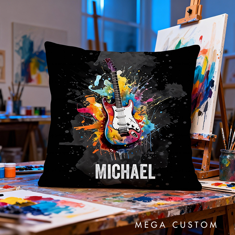 Personalized Multicolor Splash Ink Electric Guitar Pillow with Name Music Room Decor Gift for Guitar Player