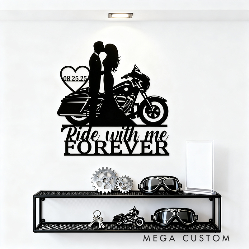 Personalized Motorcycle Couple Metal Wall Art Ride With Me Forever Sign Custom Date Gift for Biker Lovers and Couples