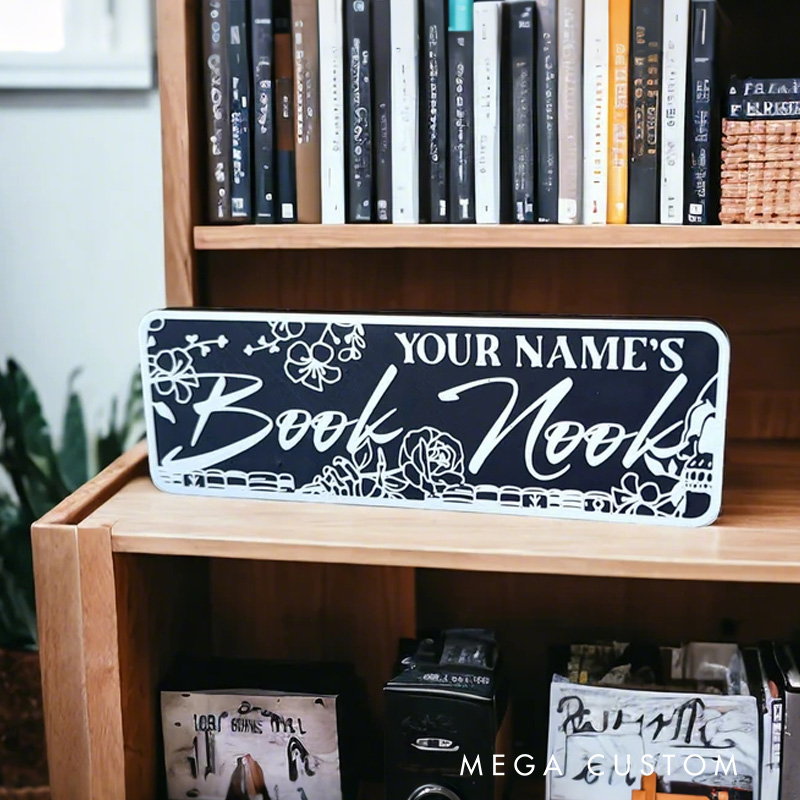 Personalized Floral Bookish Library Sign 3D Printed Book Nook Decor with Name Bookshelf Shelf Sitter Book Lover Gift for Bookish Bookworm Reader