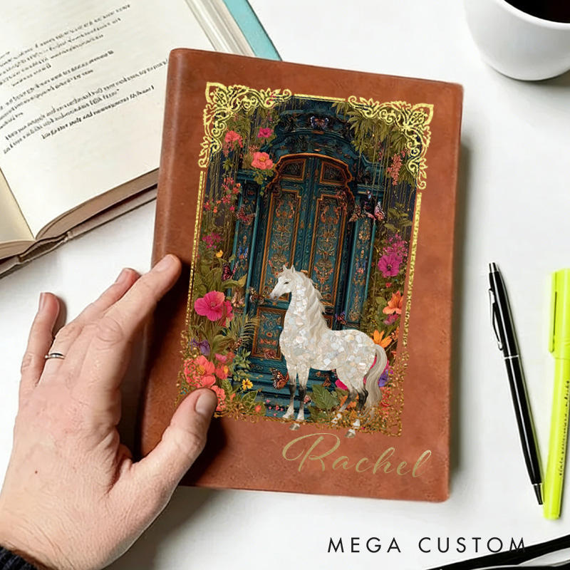 Personalized PU Leather Notebook with Riding Floral Blanket Vintage Garden Gate Floral Horse Custom Name Birthday Gift for Horse Lovers Riding Lovers Equestrian Lovers