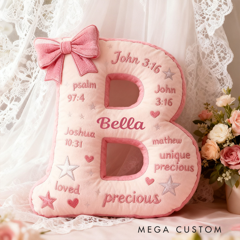 Personalized Pink Coquette Bow Bible Verses Letter Pillow with Custom Name Kid Room Decor Religious Gift for Kids Christian Quotes Graphic 3D Print