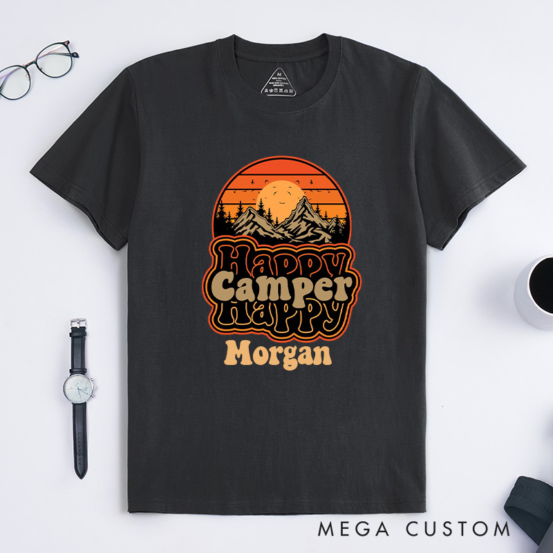 Personalized Happy Camper Retro Mountain SunseT-Shirt Camping Adventure Shirt for Nature Travelers Outdoors Lover Gift