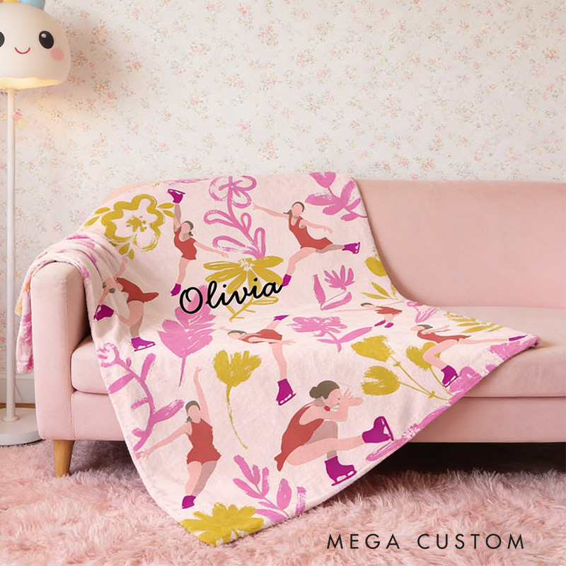 Personalized Flora Ice Skates Blanket Flannel Blanket Figure Skater Blanket with Name for Ice Skating Lovers Birthday Gift for Girls