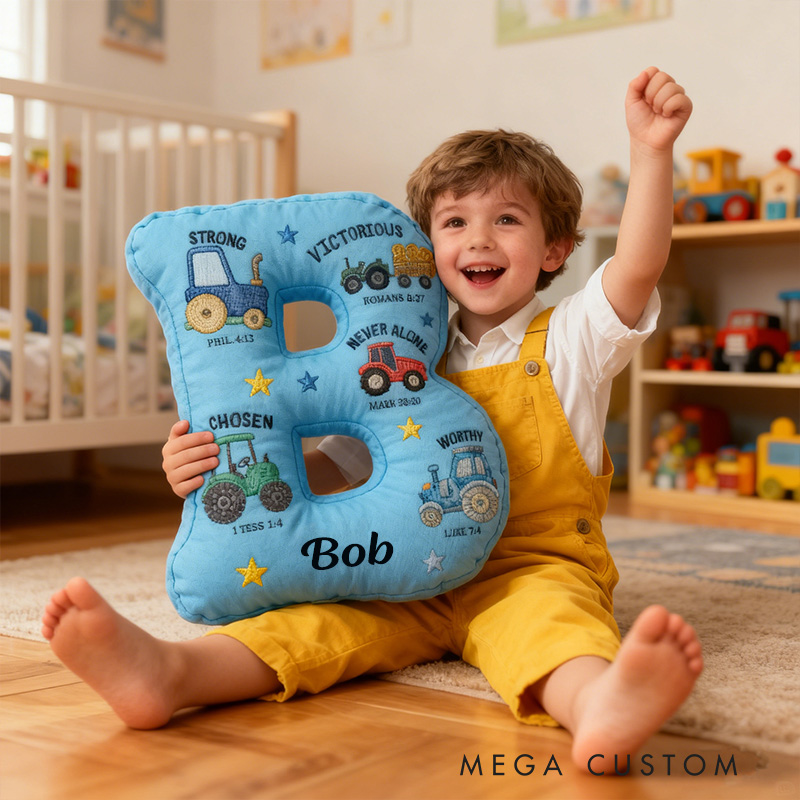 Personalized God Says I am Bible Verse Tractors Letter Pillow with Custom Name Kids Room Decor Religious Gift for Boys Scripture Baptism Gift 3D Print