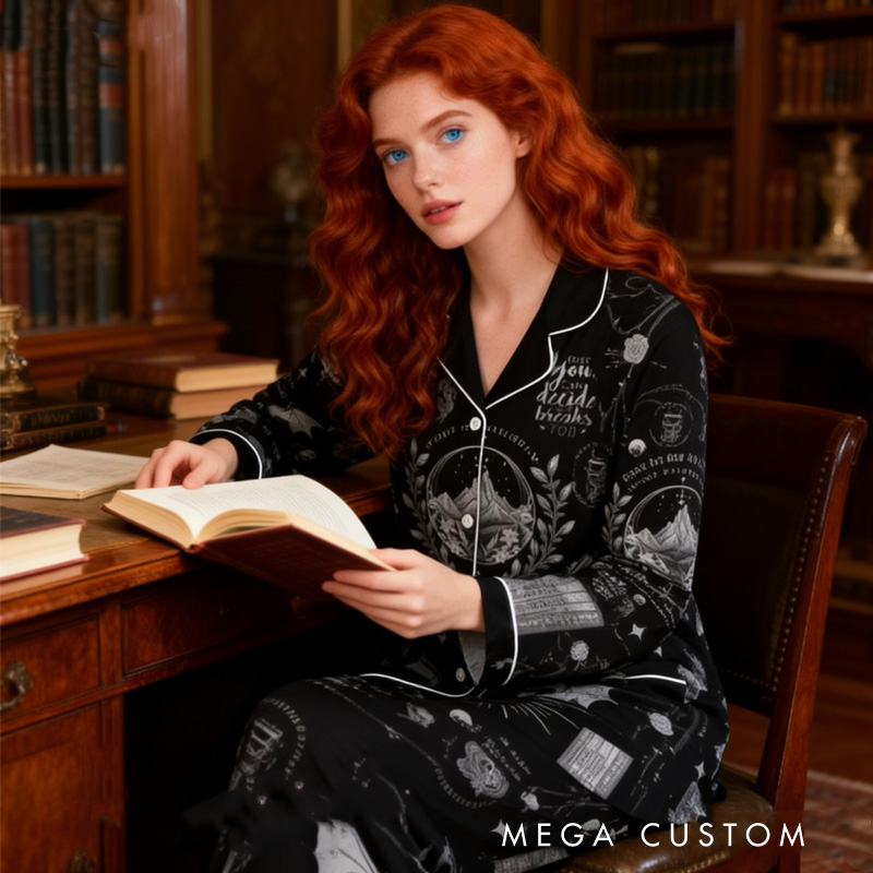 Personalized Dragon and Book Pajamas Custom Fantasy Book Lover Pajamas Set for Women Bookish Bookworm Reader