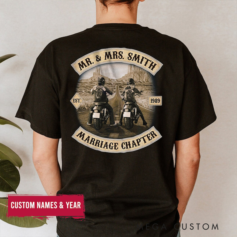 Personalized Mr Mrs Biker Lover T‑Shirt Custom Name and Year Motorcycle Couple Shirt Marriage Chapter Wedding or Anniversary Gift