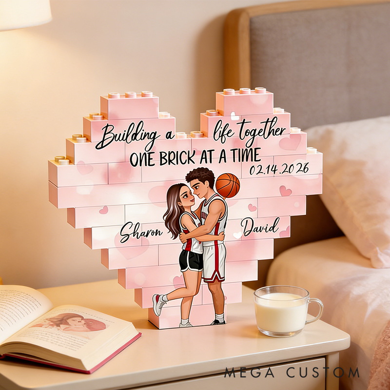 Personalized Basketball Couple Heart Building Block Building a Life Together One Brick at a Time  with Custom Names and Date Valentine's Day Gift