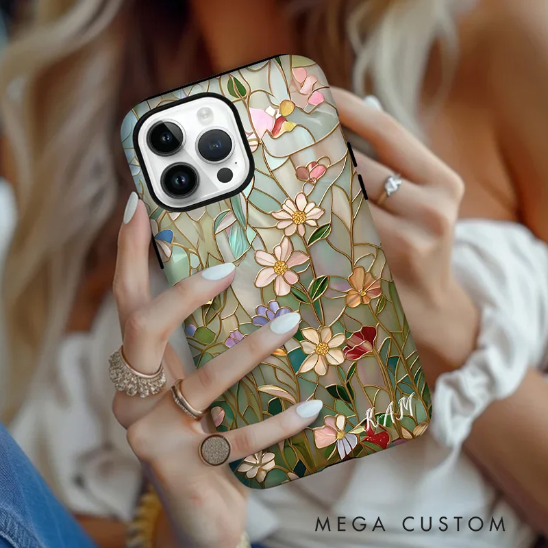 Personalized Floral Stained Glass Phone Case with Initial for iPhone Gift for Gardening Lovers 