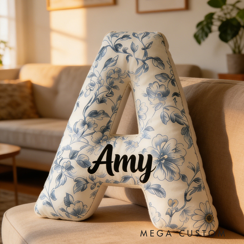 Personalized Blue Floral Pattern Initial Pillow with Custom Name Graphic 3D Print Pillow for Gardening Lovers