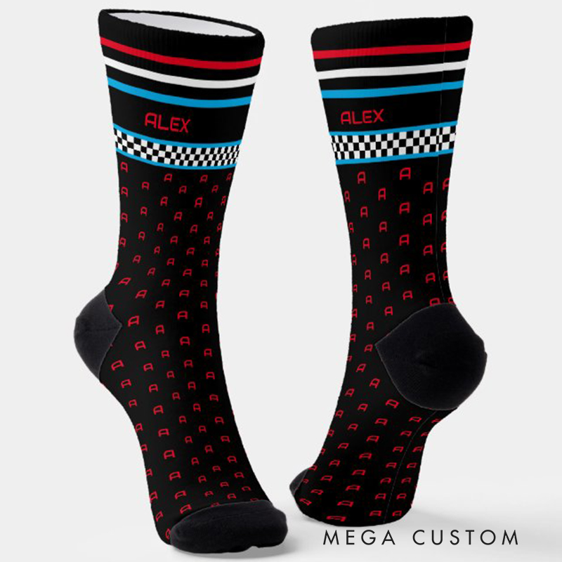 Personalized Checkered Flag Custom Name Socks Personalized Monogram Racing Style Blue and Red Pattern Socks Gift for Car Lovers